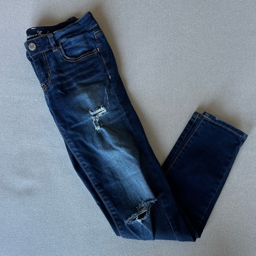 Women’s American Eagle Distressed Dark Wash Jegging Super Stretch Regular Jeans